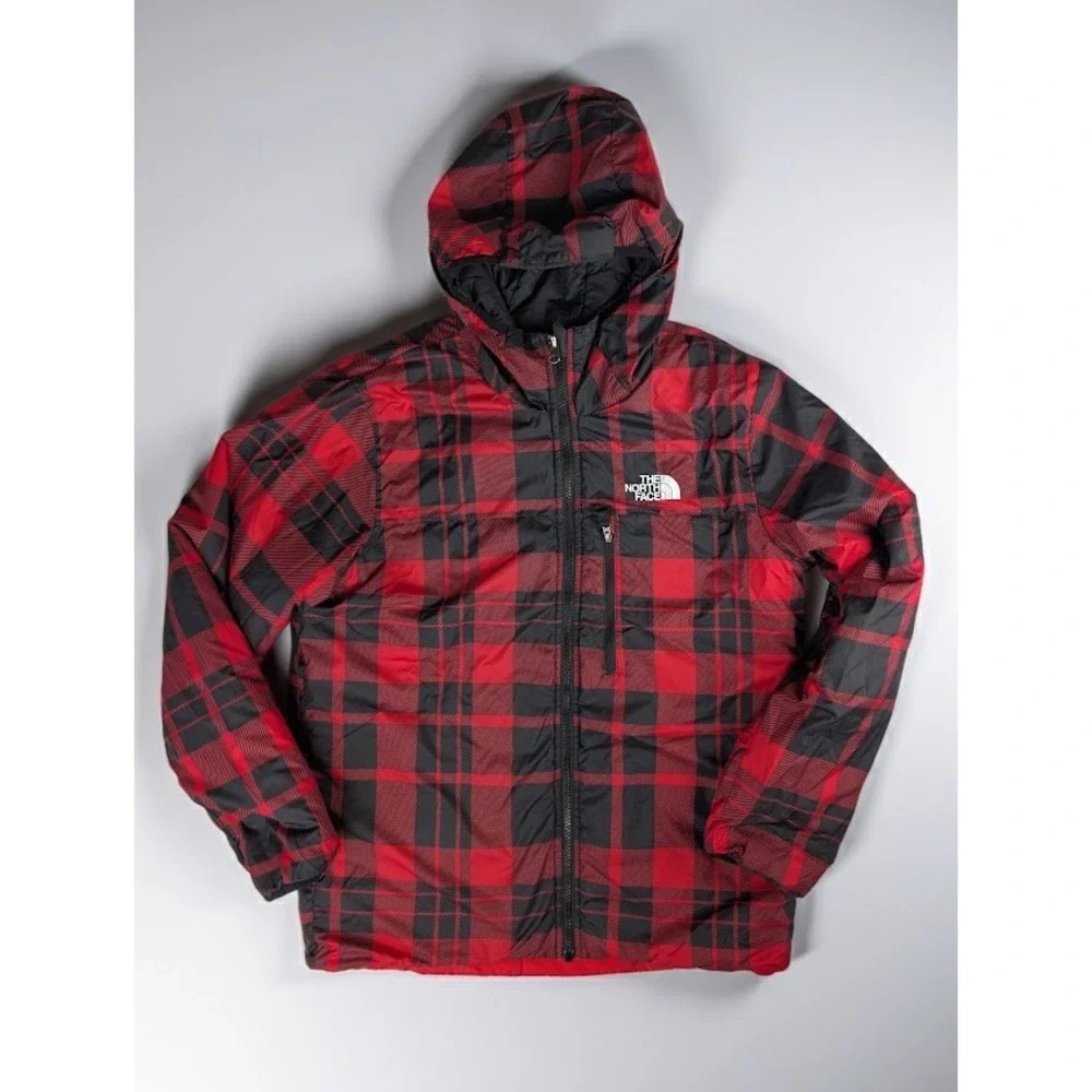 The North Face Reversible Quilted Puffer Jacket Red Black Plaid Hooded Boy's XL